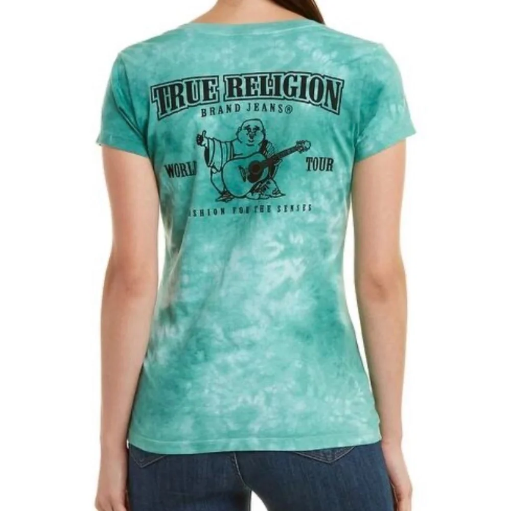 True Religion Green Tie-Dye Classic V-Neck Short Sleeve Shirt